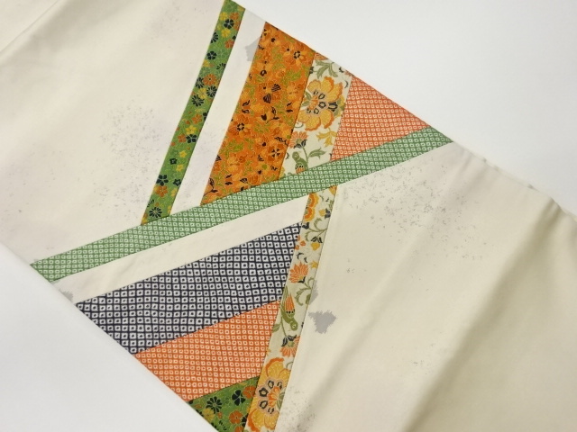 リサイクル　切り嵌め草花に鳥・鹿の子模様織出し名古屋帯